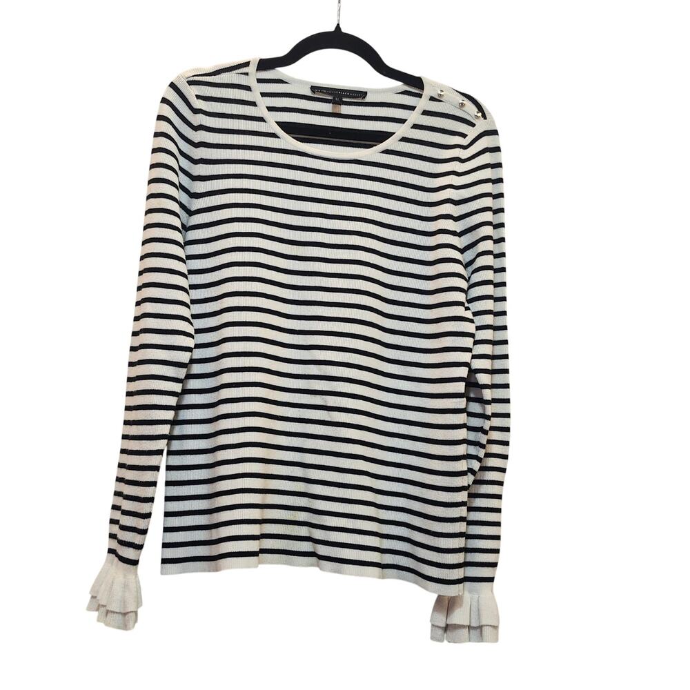 WHBM SZ XL Knit Sweater Nauticel Striped Gold Button Cuff Detail Boat Neck